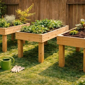 Op de afbeelding: Drie verhoogde houten plantenbakken met planten op een gazon. Een groene gieter, een opgerolde slang en tuinhandschoenen staan op de voorgrond. De bedden zijn rechthoekig en hebben vier poten.