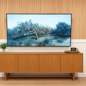 以下が含まれることがあります： 風景を表示する大型フラットスクリーンテレビを備えたモダンなリビングルーム。下には、いくつかの装飾品を収納する4つのドアを備えた木製キャビネットがあります。テレビの背面の壁には、垂直の木製パネルがあります。