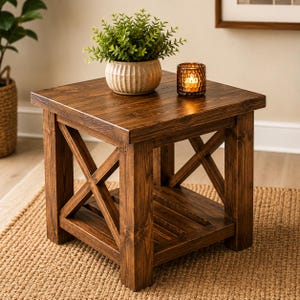 Puede incluir: Una mesa auxiliar cuadrada de madera con acabado marrón oscuro. La mesa presenta un diseño en forma de X en los laterales y un estante de listones. Una planta en maceta y un candelabro están encima. La mesa mide unos 61 cm de ancho.