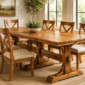 Pode incluir: Uma mesa de jantar retangular de madeira com base de cavalete e seis cadeiras a condizer com encostos em forma de X e assentos estofados em bege claro. A madeira tem um acabamento castanho quente com veios visíveis em todo o conjunto.