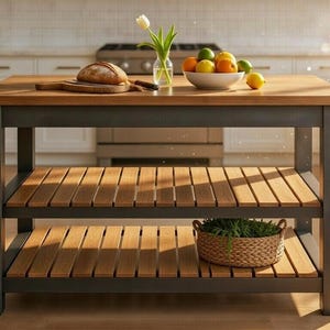 Op de afbeelding: Houten keukeneiland met een donkergrijs frame en twee lattenplanken. De bovenkant is lichtbruin en bevat een snijplank, brood, een fruitschaal en een vaas met een bloem. Het eiland staat in een lichte keuken.