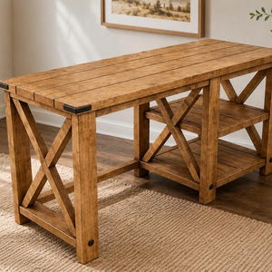 May include: A rectangular wooden desk with a light brown finish, featuring a plank-style top with black corner accents. The desk has X-shaped side supports and two open shelves on the right side, all constructed with a visible wood grain texture.