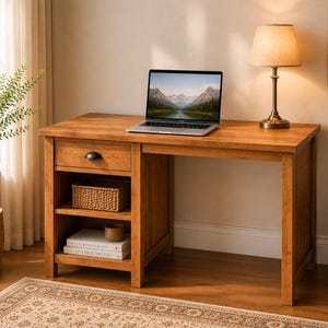 May include: A wooden desk with a rectangular top, one drawer featuring a dark metal pull, and two open shelves below. The desk is constructed from light brown wood and includes a laptop on the surface, a woven basket, and two books on the shelves.
