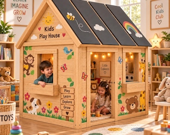 Farmhouse Indoor Playhouse Plans | DIY Kids Playhouse Woodworking PDF