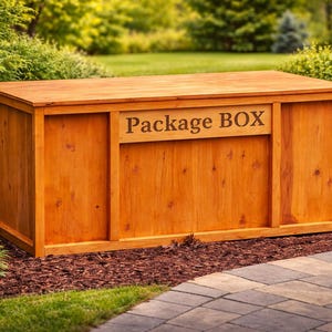 May include: A wooden package box with a natural finish, featuring the text "Package BOX" on the front. The box is rectangular with a flat top and is set outdoors amidst greenery and flowers.