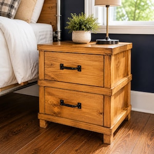 May include: A wooden nightstand with two drawers. The nightstand is made of light brown wood and has black handles. A small plant in a white pot and a lamp sit on top of the nightstand.