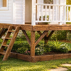 Peut inclure: Une cabane en bois avec un extérieur blanc et une terrasse en bois marron. La cabane a une petite échelle et une balustrade blanche. La structure est entourée d'herbe verte et de plantes.