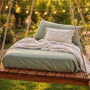 May include: A wooden swing bed with a green mattress, pillows, and a cream-colored blanket. The swing is suspended by thick ropes and set in a garden with string lights and greenery. The bed is made of wooden planks.