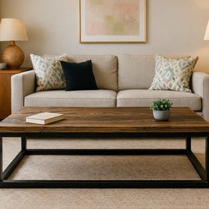 May include: A living room scene featuring a light beige sofa with decorative pillows, a dark wood coffee table with a book and plant, and a black metal frame. Two lamps and a painting complete the decor.