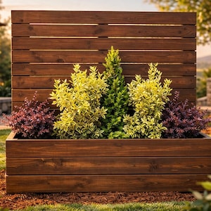 Puede incluir: Una jardinera de madera con una pantalla de privacidad incorporada. La jardinera está llena de varias plantas, incluyendo follaje amarillo y verde, una conífera central y arbustos de color burdeos. La madera tiene un tinte oscuro.