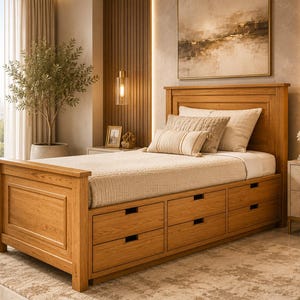 Op de afbeelding: Een lichtbruin houten bedframe met een hoog hoofdeinde en een onderstel met zes geïntegreerde opberglades. Het bed is opgemaakt met een lichtgekleurde, gestructureerde sprei, twee rechthoekige kussens en een kleiner lendenkussen in neutrale tinten.