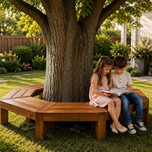 May include: A hexagonal wooden tree bench constructed from horizontal slats with a warm brown finish, encircling the base of a large tree. The bench features sturdy legs and a flat surface, providing seating for two children reading a book.