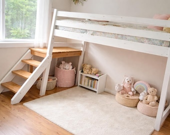 Camp Loft Bed with Stair – Junior Height DIY Plans | Kids Wooden Bunk with Play Space | PDF Download
