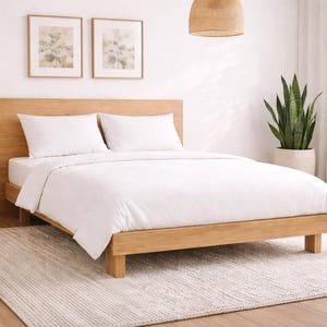 Może przedstawiać: Nowoczesna sypialnia z drewnianym łóżkiem i wezgłowiem. Łóżko pokryte jest białą pościelą i poduszkami. Mały drewniany stolik nocny z lampą i rośliną doniczkową stoi obok łóżka. Dywan i dwa oprawione obrazy dopełniają pokój.