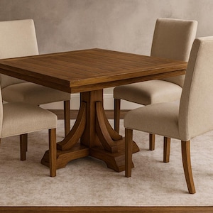 May include: A square wooden dining table with a pedestal base is surrounded by four upholstered chairs. The table and chairs are made of wood and have a warm, natural finish. The chairs have beige fabric upholstery.