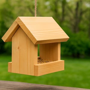 Pode incluir: Um comedouro de pássaros de madeira com telhado inclinado e área de alimentação retangular. A casa de pássaros é feita de madeira de cor clara e é suspensa por uma corda de fibra natural. O fundo é uma visão desfocada da folhagem verde.