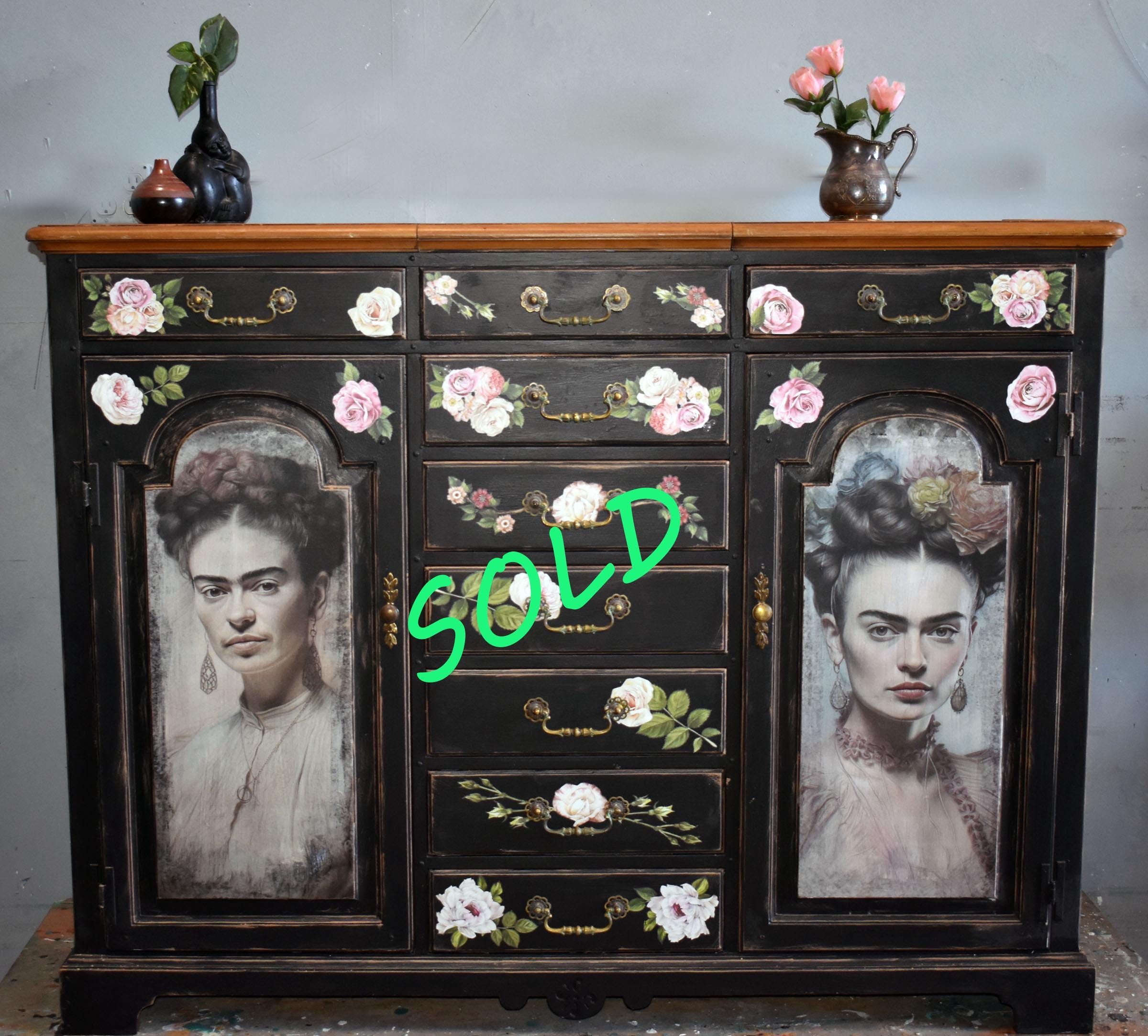 Frida Kahlo Chest of Drawers Vintage Gentleman's Chest, Hand Painted Armoire