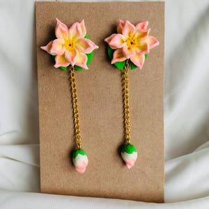 Pink lotus with a lotus bud dangle and drop earrings