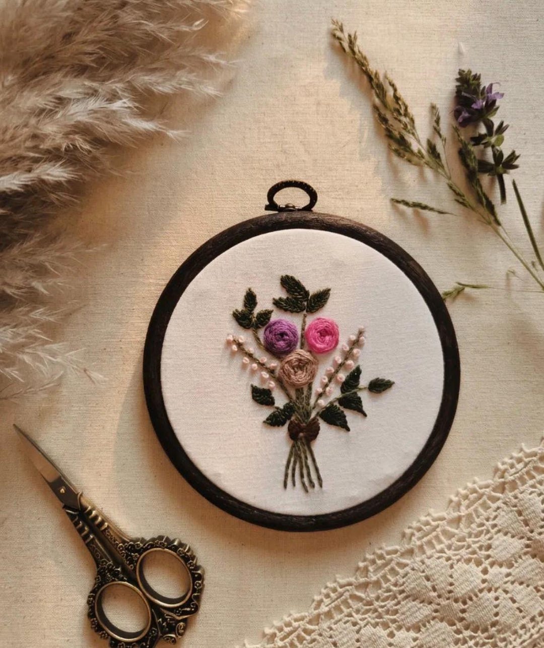 Hand Embroidered Floral Bouquet Hoop Art – Textured Roses, Botanical ...