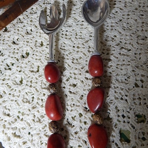 Rare Red Jasper and Aragonite Stone Salad Serving Spoon & Fork