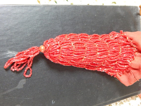 Antique Flapper Drawstring Purse Red Beaded Coin … - image 4