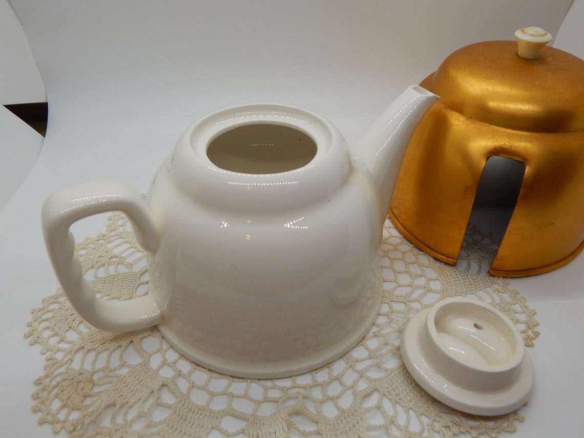 Vintage Pottery Teapot W/ Gold Aluminum Insulated Cover Tea Etsy