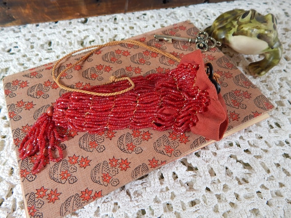 Antique Flapper Drawstring Purse Red Beaded Coin … - image 3