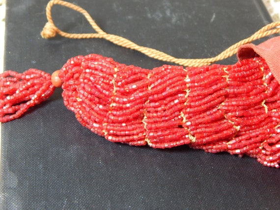 Antique Flapper Drawstring Purse Red Beaded Coin … - image 7