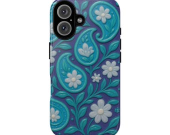 Telefoonhoesje – blauwgroene bloemen paisley-telefooncover, maagdenpalm paars esthetisch, elegante 3D-wrap, beschermhoes iphone/Galaxy, cadeau voor haar