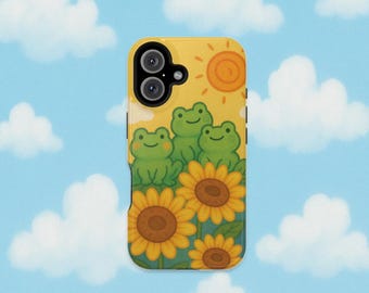 May include: Yellow phone case featuring a cheerful design of three green frogs, sunflowers, and a sun against a yellow background. The case has a glossy finish and a camera cutout.