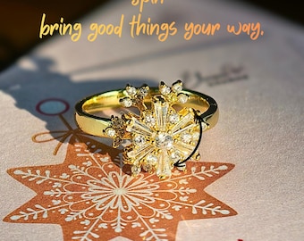 Snowflake Spinner Ring, Gold Fidget Ring, Adjustable Holiday Jewelry