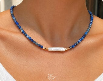 Dainty Blue Gemstone Pearl Necklace, Sodalite or Lapis Lazuli, Beaded Choker, Baroque Stick Pearl, Convertible Wrap Bracelet