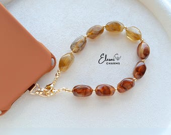 Amber Caramel & Golden Honey Beaded Chain, Dual-Tone Brown Resin Phone Charm, Wristlet, Bag Charm, Autumn Winter Holiday Limited