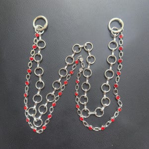 Può includere: Accessorio a catena color argento con accenti di pietre preziose rosse. La catena presenta grandi maglie circolari e catene più piccole con pietre rosse. Due grandi chiusure circolari nella parte superiore.