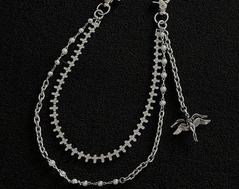 Cadena para la cintura con alas de ángel/Cadena para la cintura estilo hip hop/Cadena cruzada de doble capa para pantalones/Cinturón de cadena punk hecho a mano/Regalo para él/Cadena para cartera punk