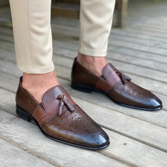 Brown Leather Smooth Ostrich Claw Leg Tassel Slip On Loafers Shoes Men\'s 10 D 13-581-BRN FRANCO Ostrich Tassel Loafer, Brown main image 2