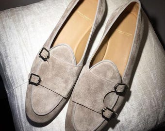 Handmade Suede Leather Loafers Men, Double Monk Slip On For Men, Goat Suede Loafers Men, Casual Dress Shoes For Men, Formal Slip On