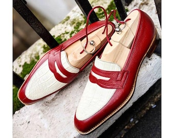Handmade Two Tone Genuine Leather Loafers Men, Slip On For Men, Mens Dress Shoes, Luxury Leather Formal Shoes, Crocodile Textured