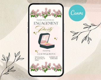 Rosa Blumen-Blumen-Verlobungsfeier-Einladung - Ring-Box-Design (Digitale Vorlage)