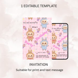 May include: Pink birthday party invitation template with cartoon bunny characters. The invitation includes the text "You are invited to Amy's Birthday Party" and event details. The design is suitable for print and text message.