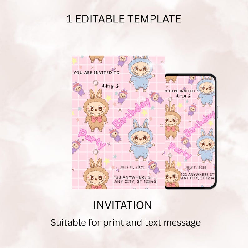 May include: Pink birthday party invitation template with cartoon bunny characters. The invitation includes the text "You are invited to Amy's Birthday Party" and event details. The design is suitable for print and text message.