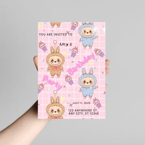 May include: A pink birthday party invitation with cartoon characters and text. The invitation features a repeating pattern of bunny-like creatures and stars. Text includes "YOU ARE INVITED TO Amy's Birthday Party" and the date "JULY 11, 2025".