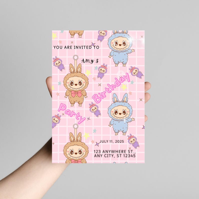May include: A pink birthday party invitation with cartoon characters and text. The invitation features a repeating pattern of bunny-like creatures and stars. Text includes "YOU ARE INVITED TO Amy's Birthday Party" and the date "JULY 11, 2025".
