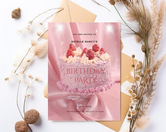 Rosa Erdbeerkuchen-Geburtstags-Einladung (Digitaler Download)
