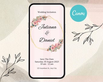 Bearbeitbare Hochzeitseinladungsvorlage - Rosa Floral & Gold Geometrisch - Digitaler Download - Elegante Einladung für Bräute