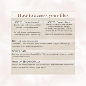 May include: A beige and white infographic titled "How to access your files." Instructions are provided for accessing, editing, downloading, and printing files purchased on Etsy, including accessing files from a computer or phone.