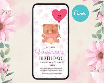 Teddy Bear Birthday Invitation Template, Editable Invite (Digital Download)