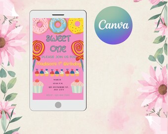 Sweet One Geburtstagseinladung Vorlage, Bunt Digital E-Invite (Canva)