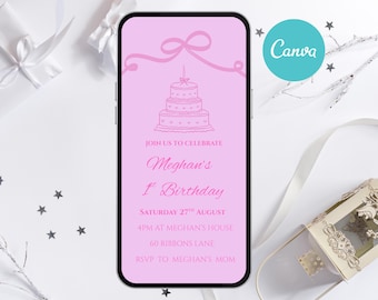 Coquette Bow 1st Birthday Invitation Template | Pink Cake Party Invite (Editable, Digital Download)