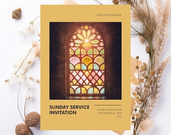 Glasmalerei-Einladung zum Sonntagsgottesdienst - Bearbeitbare Kirchenveranstaltung (Digitaler Download)